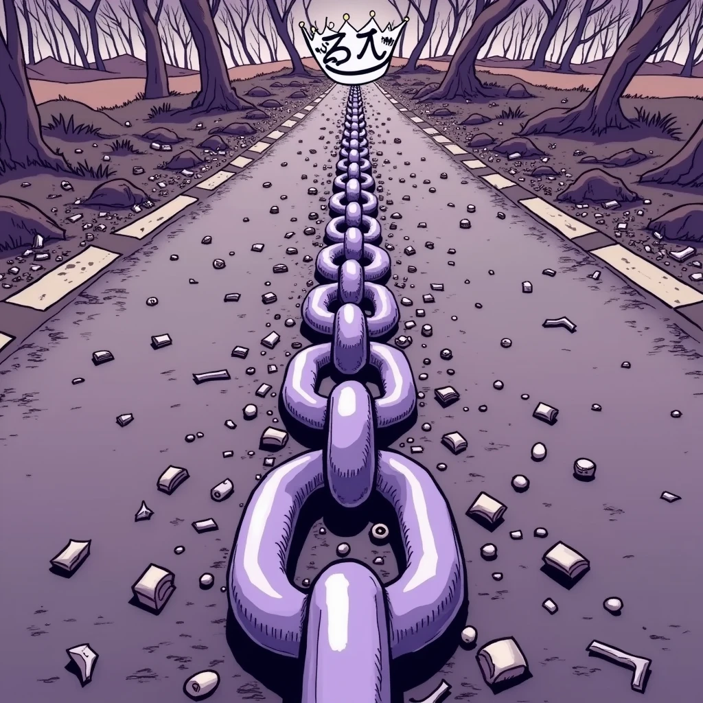 Purple chain thrown on a road, a white crown floating on the currents, pieces of debris on the road