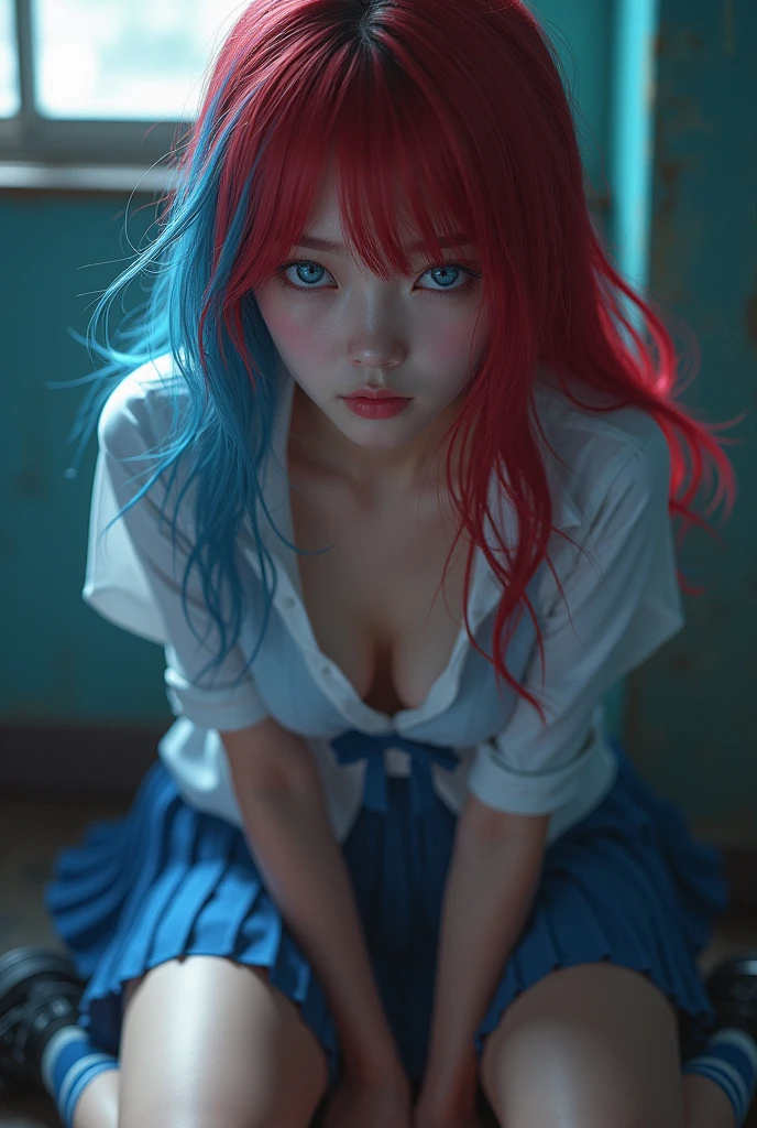 cutest beautiful face, Asian ager girl is a masterpiece of high definition on high quality with extremely detailed on natural, wear school suite, extra small skirt, pleated skirt, blue skirt, , cleavage blouse, neckline opened blouse on front, white blouse, nice legs, blue socks, black shoes, hightail hair, long, hair red/blue hair, blue eyes, evil smile, angry expression, terrorifing pose