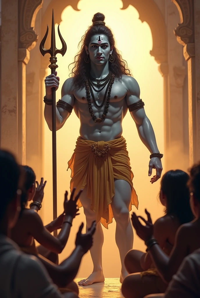 Shiv bhagwan in lion's derm dress only in foot, in one hand trishool, in second hand showing hands to humans, and humans is wanting to shiv bhagwan shiv bhagwan on temple