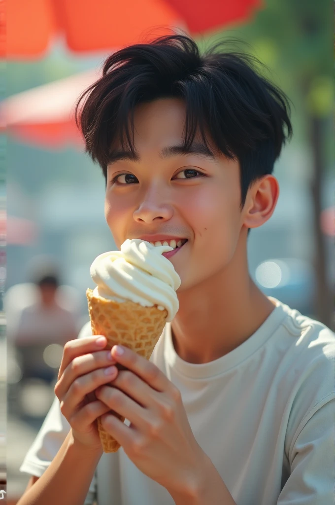 A young Chinese MaN eating ice cream