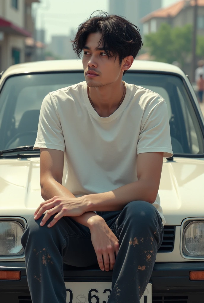 A boy  26 and wear white t-shirt  and black paint  sitting on a car and om luckect wear 