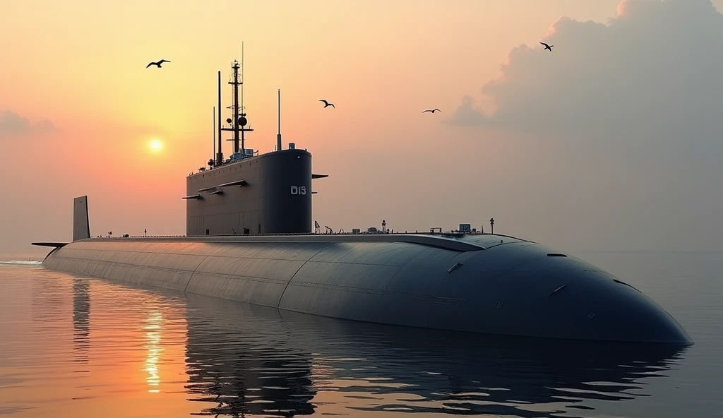 "Create an image of INS Arighat, India's advanced nuclear-powered ballistic missile submarine. The submarine should be depicted submerged just below the water’s surface, showcasing its sleek and powerful design. The hull should be dark, nearly black, with subtle detailing that hints at its advanced technology and stealth capabilities. The submarine should be slightly angled to highlight its length and the missile hatches on the top. The surrounding water should be calm, with the sun setting in the background, casting an orange glow over the scene. Above the surface, a few birds might be visible, emphasizing the quiet and undetectable nature of the submarine. The overall mood of the image should convey strength, stealth, and strategic importance."