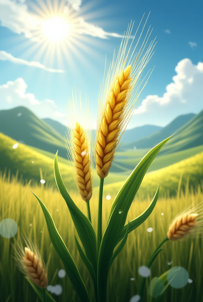 Create an image that represents the growth of a barley plant thanks to the sun and rain of the highlands.
