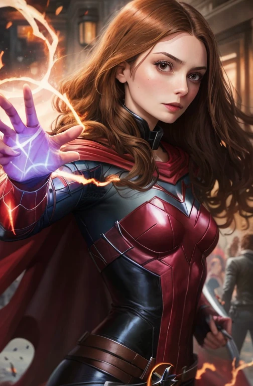 a close up of a woman in a red cape and a black cape, scarlet witch, scarlet witch Marvel, wanda maximoff,