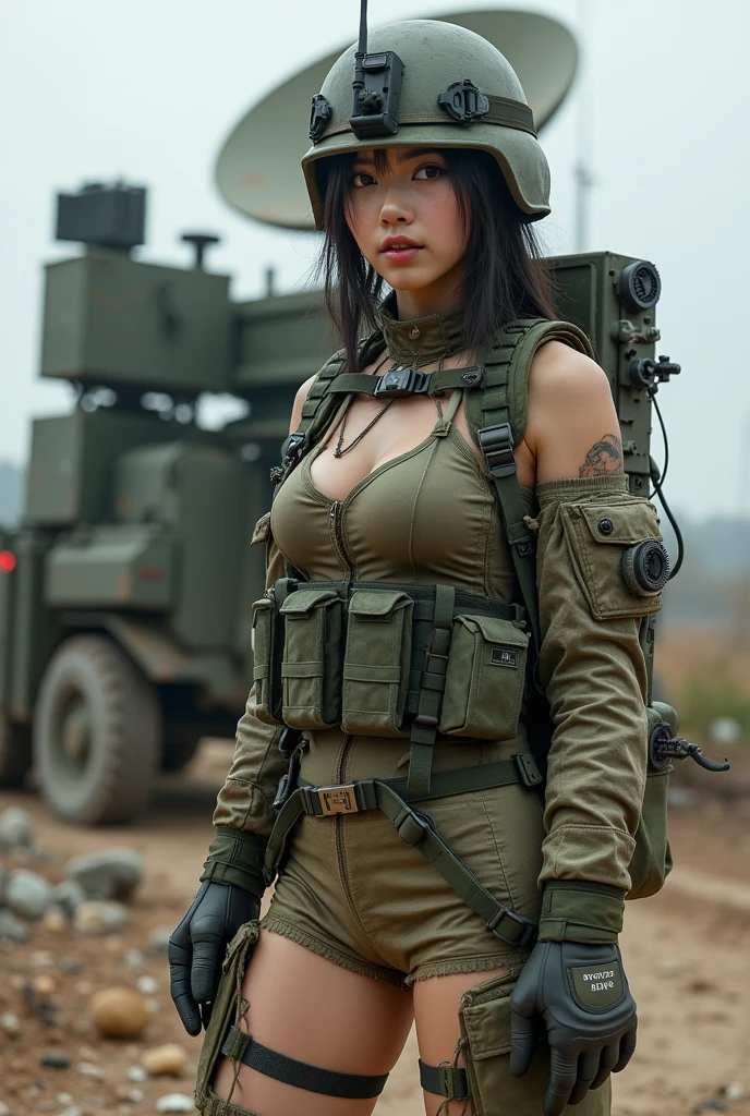 Indonesian women in sexy military uniforms, military tank tops, posing with large caliber sniper rifles, infantry girls, military girls, soldier girls, beautiful female soldiers, big breasts, background of ruined buildings in the city, masterpiece, best quality, realistic