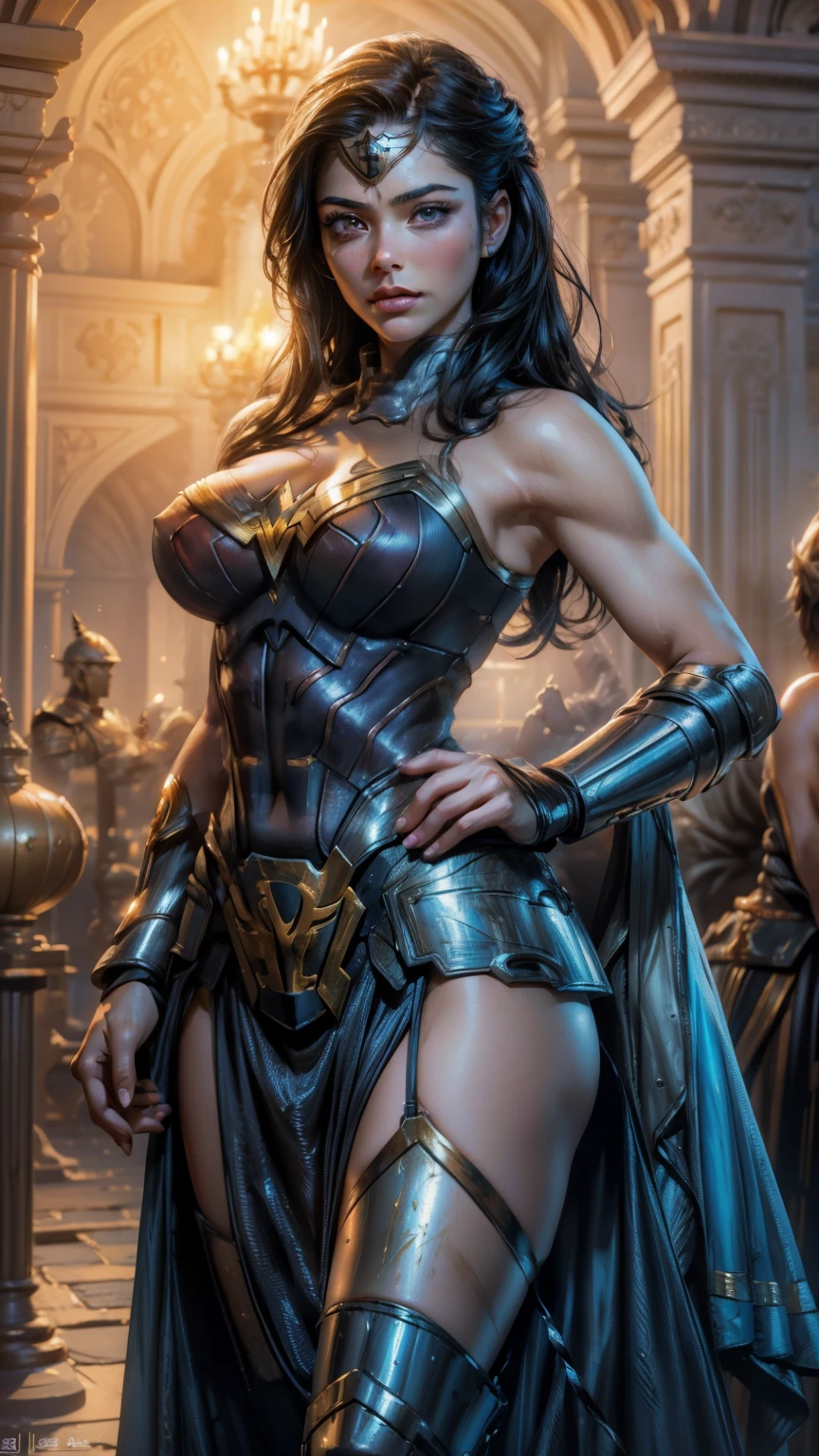 Wonder Woman, full body image,Masterpiece, best quality, Show off your best figure, Very realistic, Highly detailed face, Clean and delicate face, whole body((best quality, height:1.2), 1 woman, Beautifully detailed eyes, Beautifully detailed lips, The eyes and face are very detailed, Long eyelashes, moderate:oil painting, Bright colors, HDR, studio lighting, Very detailed drawings, Sharp focus, Physical rendering, Very detailed explanation., "warrior, knight, sexy, sexy Anime Style, charming, charming, big breasts" Phuket, desert, sexy anime style with the style of a leading Portrait painter, Portrait