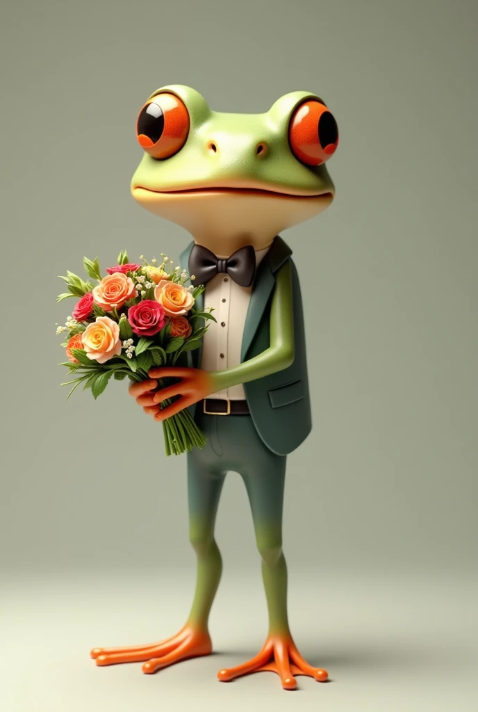 The frog is holding a large bouquet in his right hand,Wearing a bow tie,Frog smiling,The figure is slim,Handsome