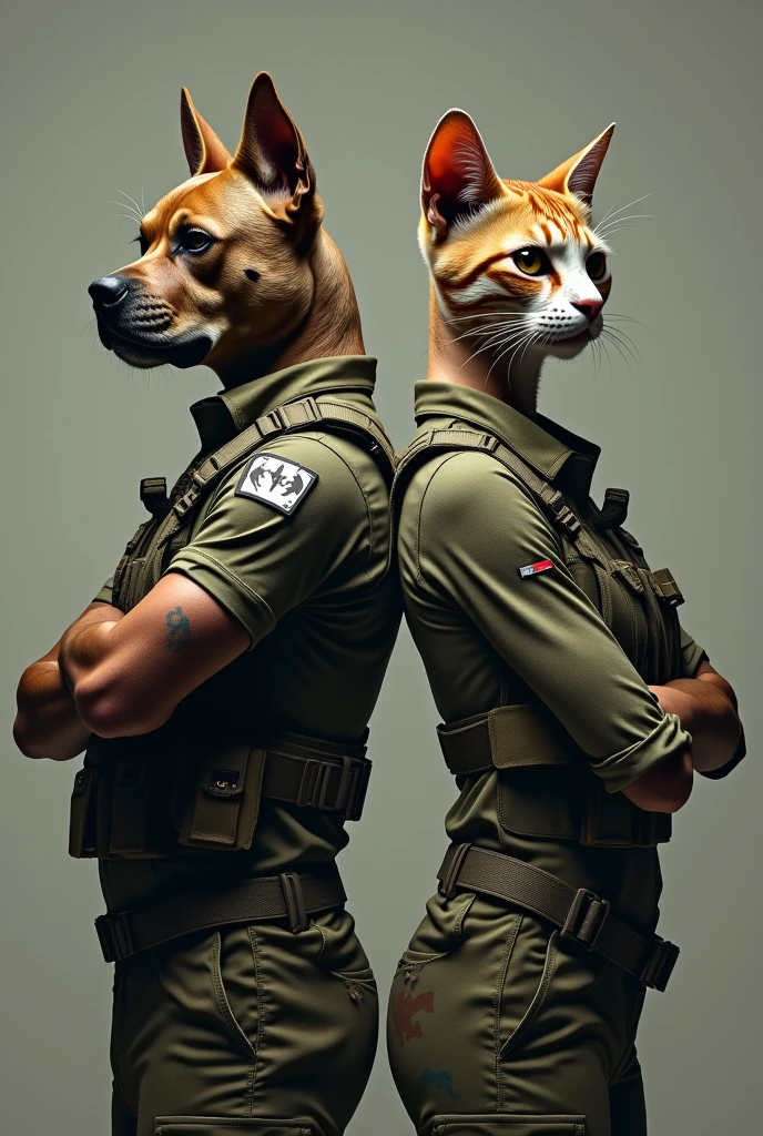 "Create an image of Mr. and Mrs. Smith, but with a twist: Mr. Smith has the face of a dog, pitbull and Mrs. Smith has the face of a cat. They are standing back-to-back with their arms crossed, both looking serious. They are dressed in camouflaged outfits with utility belts, giving them a tactical, military look."