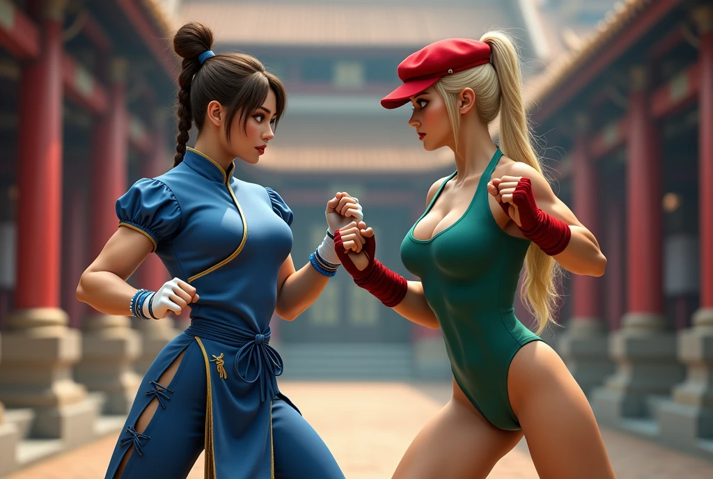 Digital photograph, two beautiful women, Chun-Li vs Cammy, Both have muscular bodies, Both of them are in dynamic and action-oriented, Both of fight, ([Chun-Li:1.2,Very beautiful Chinese face,brown hair,Bun Hair on both sides of the head,Bun cover,lipstick,makeup,She is wearing a blue china dress,gold trim,Blue cheongsam with side slits,puffy sleeves,short sleeves,side slit,cross-laced footwear,pantyhose,pelvic curtain,spiked bracelet,white footwear]). 
([Cammy White:1.2,Very beautiful British face,light skin,blue eyes,and long blonde hair styled in two braids,She is wearing a red Beret,green leotard,red fingerless gloves,black combat boots]). 
BREAK, Thai temple background, Composition of fighting games, one person Fighting Pose, The other one person Stick butt out and throws a punch, masterpiece, ultra high resolution, high definition RAW photograph, Highly detailed CG, best quality, 4K, perfect anatomy, perfect proportions, details accurate face, Accurate limbs, details accurate limbs, accurate finger, Ultra-realistic