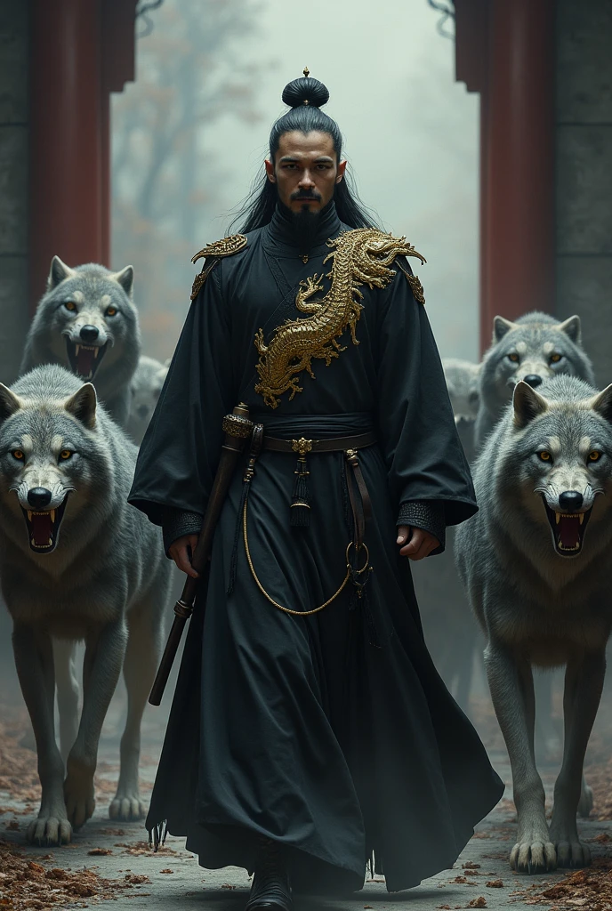 A cultivator walked out of the pavilion followed by spirits and many wolves. He faced forward and the wolves looked very fierce. The atmosphere was tense and full of blood. He was wearing all black clothes with a golden dragon motif and his face looked gloomy with pitch black eyes and the wolf's mouth was and there were many wolves.