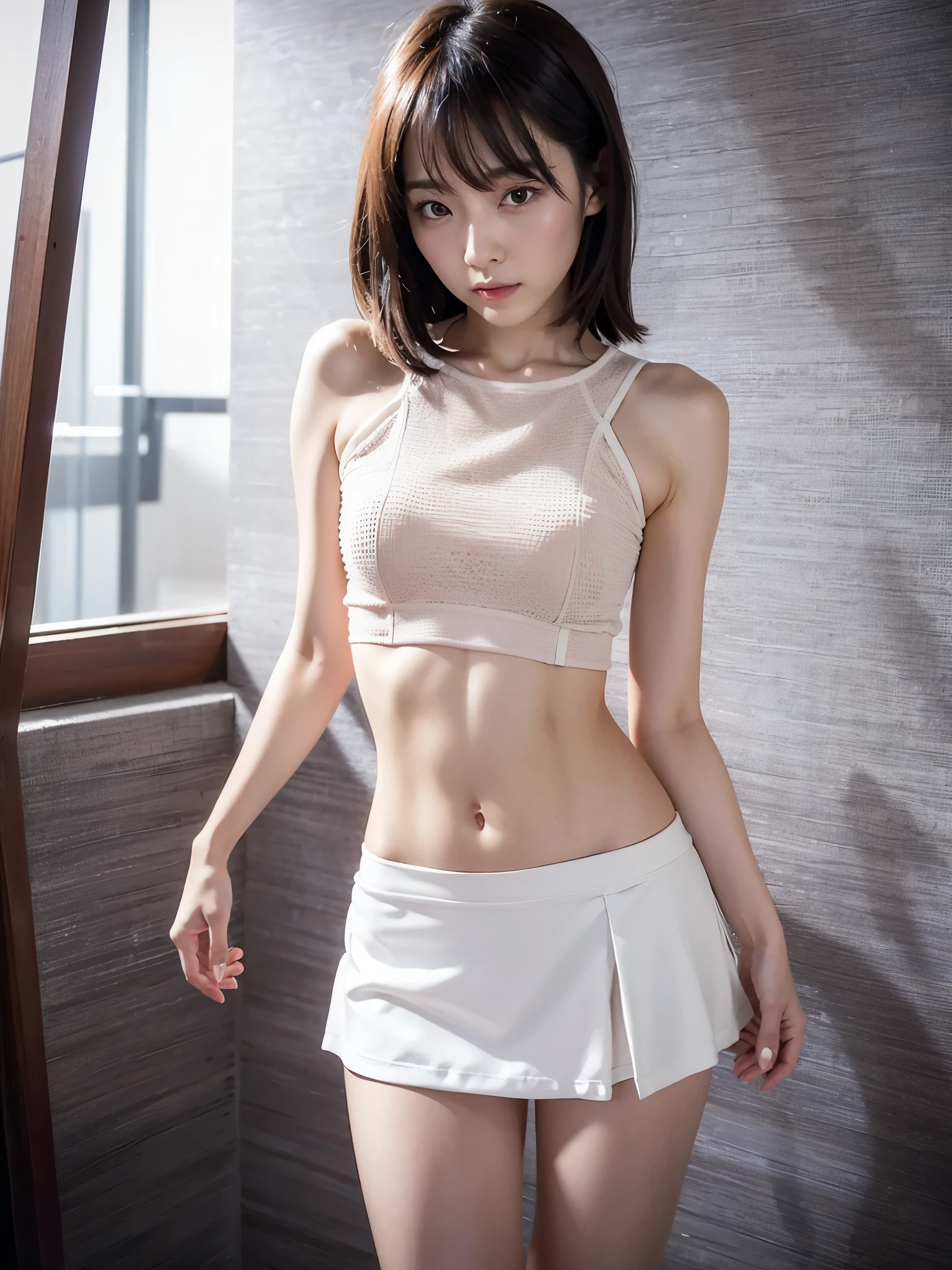 ((middlebreasts、tomgirl、the head is small))、sunlights、(Chiseled abs : 1.1)、(the perfect body : 1.1)、(short wavy hair : 1.2)、reddish brown hair、collars、chainULL BODYSHOT、crowdedstreets、White underwear、((Tight mini skirt))、(Highly detailed live action 8K wallpaper)、(extremely delicate and beautiful)、(​masterpiece)、(top-quality:1.0)、(超hight resolution:1.0)、beautiful  lighting、[hight resolution]、Detailed skin、ultra-detailliert