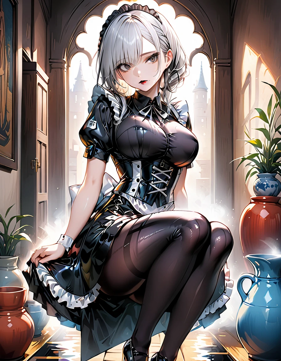 Young beautiful woman,(Highest quality,Extremely detailed depiction,Incredibly absurd high resolution,Anatomically accurate depiction,Curvy Legs,Shiny skin,Porcelain-like skin),(Black and white gothic maid outfit,Maid Skirt,corset,black tights,High heels),eyelash,(Silver Hair,Black Eyes,Eyes half closed:1.5,Large Breasts,Glossy black lips:1.2,Heavy makeup,Pottery vaseを手に持ち運んでいる:1.5),Sweat:0.8,(whole body),background:Bright corridor of the castle,Pottery vase,