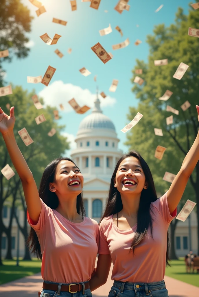 Two beautiful Thai girls with good looks smile happily, look up, spread their arms, wait to receive money, which has a lot of money falling from the sky in front of the university.