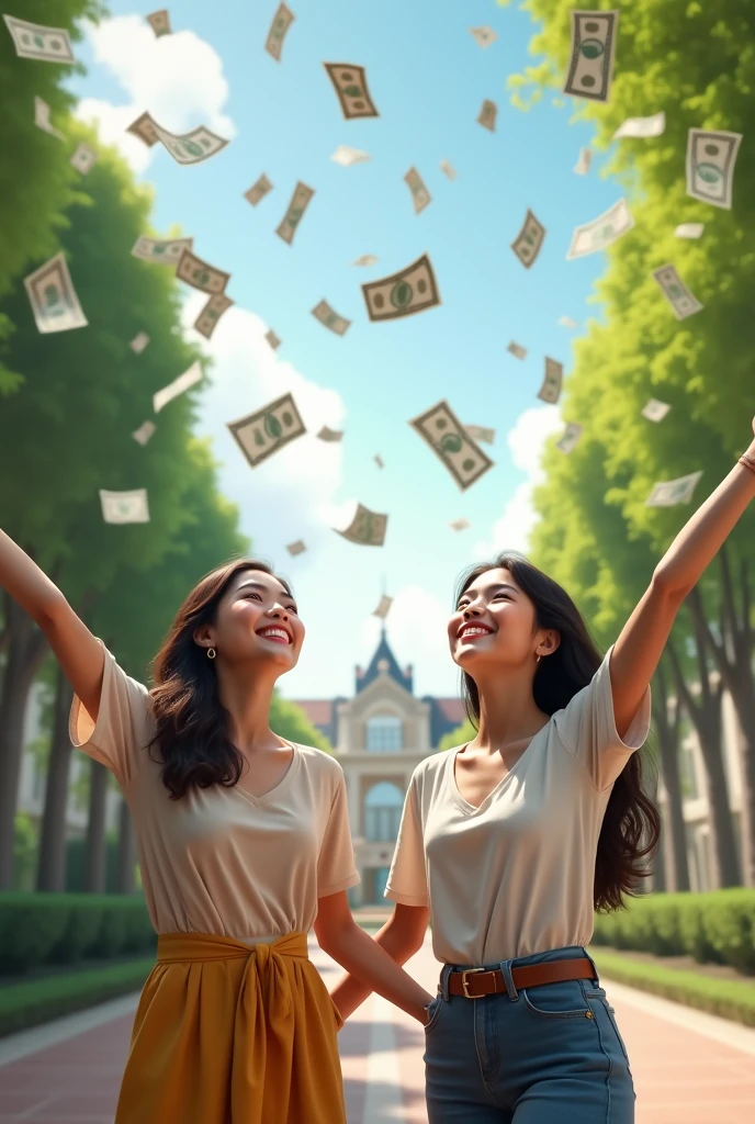 Two beautiful Thai girls with good looks smile happily, look up, spread their arms, wait to receive money, which has a lot of money falling from the sky in front of the university.