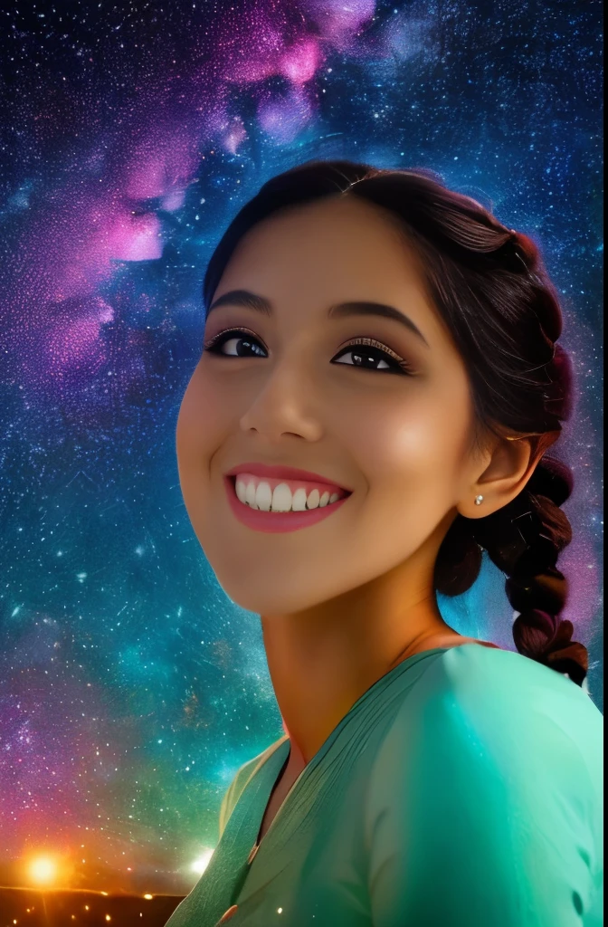 High detail, super detail, super high resolution, girl enjoying her time in the dream galaxy, surrounded by stars, warm light sprinkled on her, background is starry sky with colorful galaxies and galaxy clouds, stars flying around her, delicate face, adding playful atmosphere , 