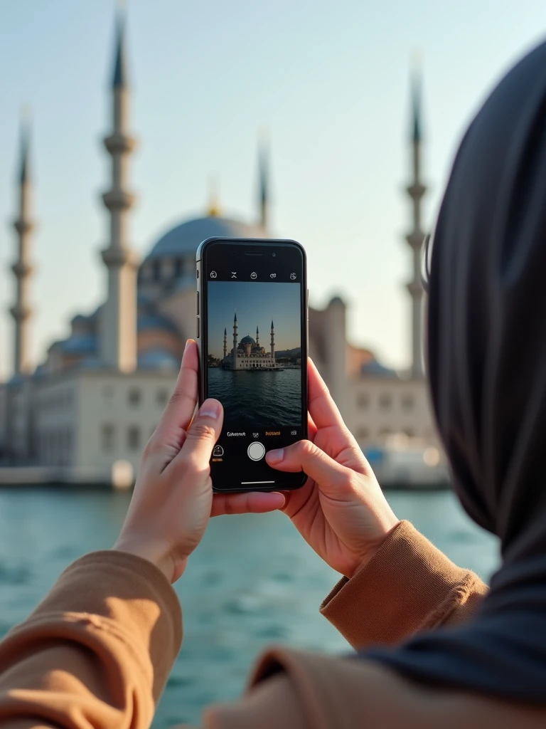 a hijabi girl taking his hands photo while she have i phone on his hand in istanbul famuse plases. Show only her hand, and also show this photo on her mobile screan Realistik 4k.
