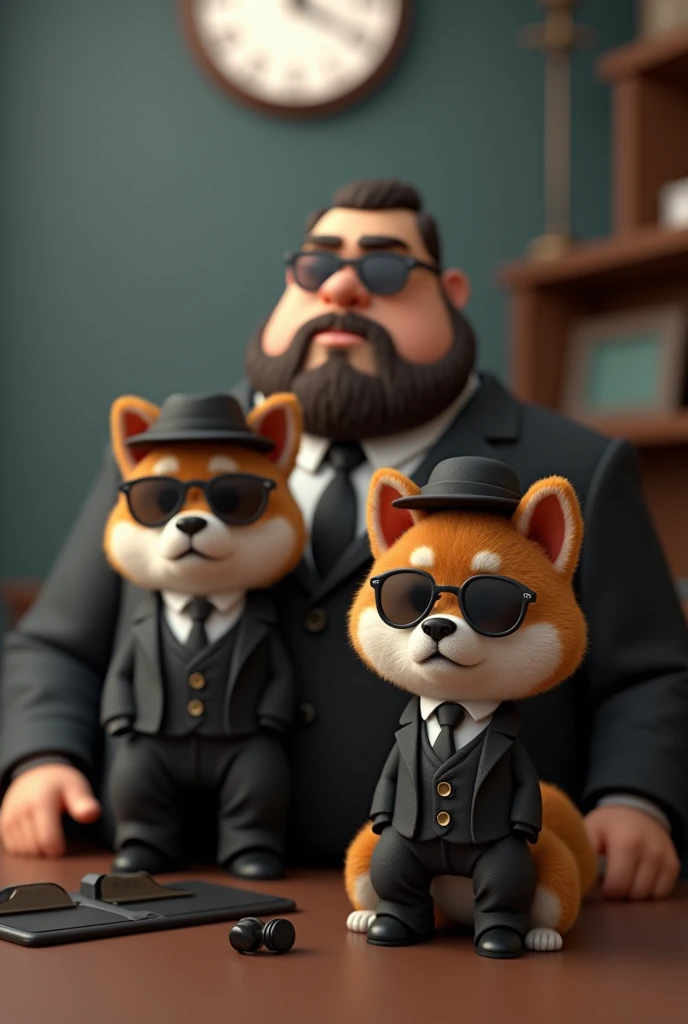 Cute Shiba Inu、Bushy coat、Detective style outfit(Black Suit、hat、sunglasses、Binoculars hanging from his neck)、3d、Sitting to the right of the boss。The boss is a big fat man(Are standing、Black suit、sunglasses、beard)