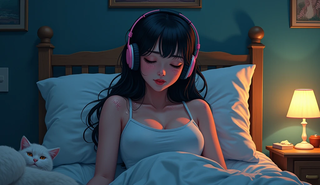 Perfect image, 8k、night、dim、high school girl、Mature、Being Calm、Big Breasts、sweat、Using headphones、bed、Cat、 2D-style animation, Lo-Fi、Retro、Emotional
