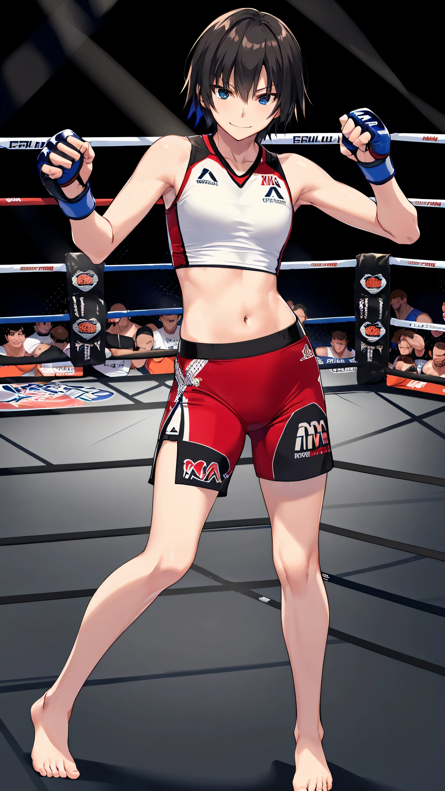 nanasaki, nanasaki ai, ai nanasaki, ((top-quality,8K,Masterpiece)), Full body shot, Toned stomach, (on MMA Arena :1.5), (wearing MMA uniform:1.5, tight tops and tight bottoms:1.3), thigh, belly button, smirking, Sharp focus: 1.2, Highly detailed face, Highly detailed eye, Professional Lighting,