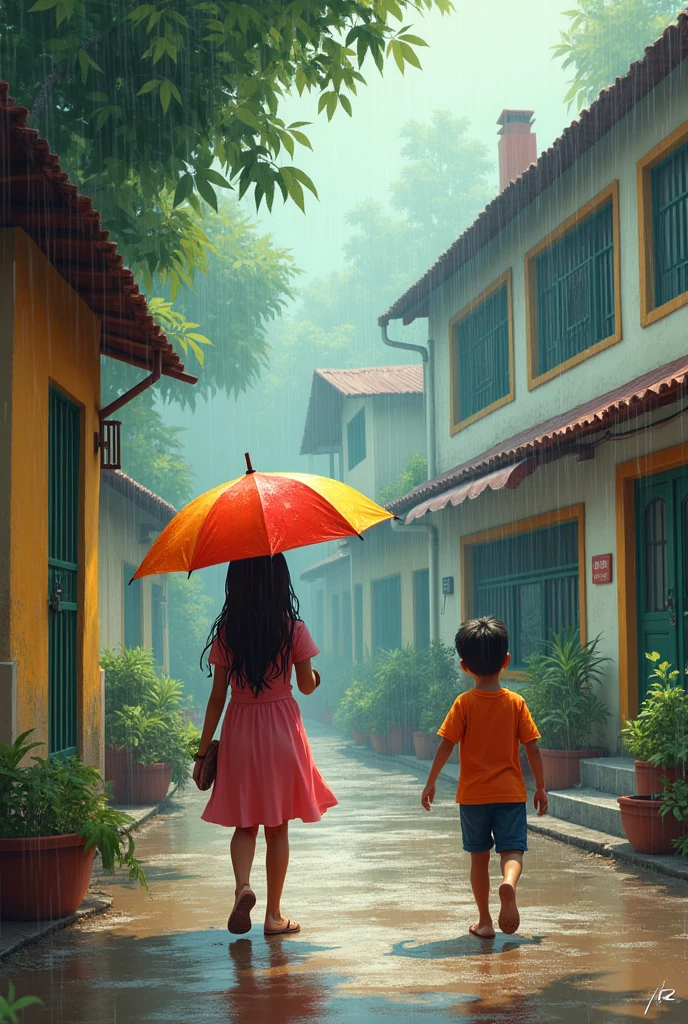 : A quaint school in a bustling Indian town back to school boy and girl Rainey days girl carry umbrella boy can't umbrella boy suggest girls close umbrella and enjoy rain