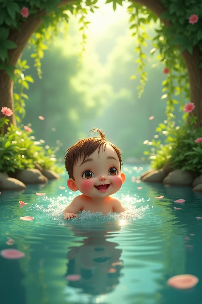 Baby girl swim in water around greenery places