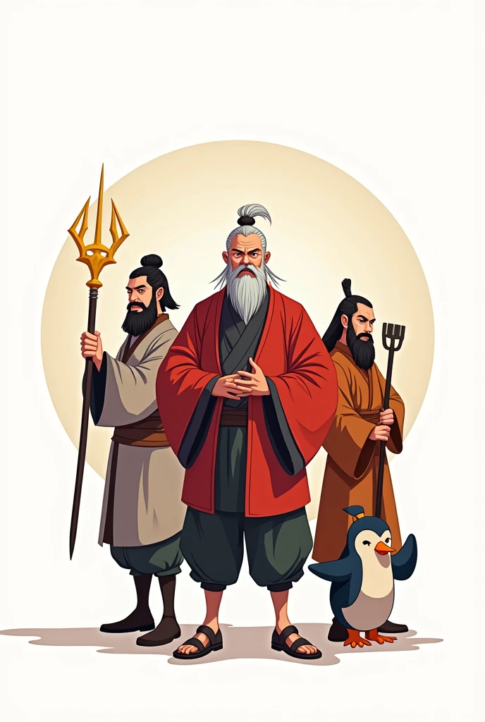 (vector illustration:1.2), Wukong and his three companions, Tang Sanzang (monk), Sha Wujing (water demon), and Zhu Bajie (penguin-like character, short and stout), inspired by Black Myth Wukong, in a journey formation. Wukong in his traditional warrior pose, holding a golden staff, Tang Sanzang with a calm and wise expression, Sha Wujing carrying his monk's spade, and Zhu Bajie as a penguin with a playful yet determined look. Simplified and easy-to-recolor design with bold outlines and minimal shading, on a white background. The overall tone is minimalistic, with simple and easily adaptable color schemes.