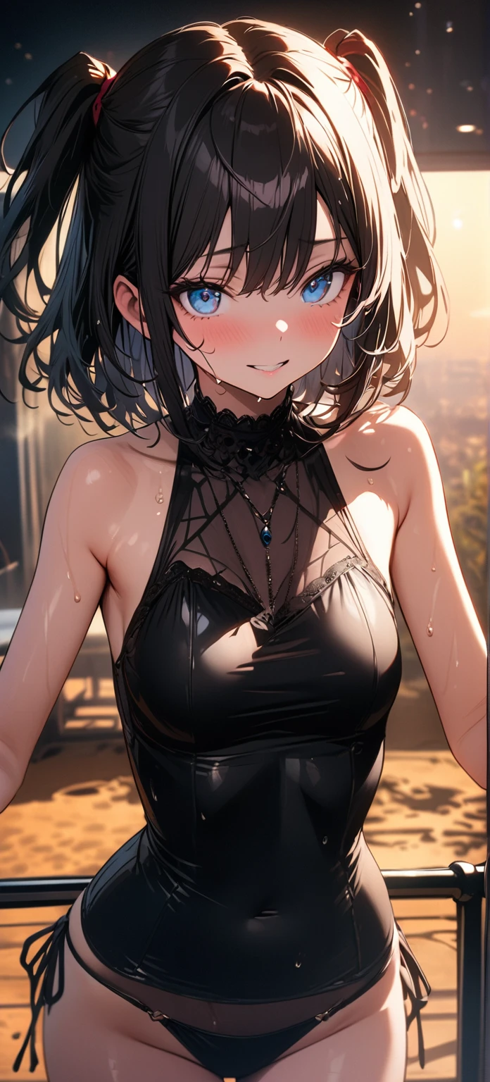 (beautiful girl: 1.3),masterpiece, best quality, Ultra-high resolution,Rich contrasts,Ultra-high quality,8K,Highly detailed CG unit wallpaper,masterpiece:1.2,Ultra-high resolution,RAW photos,Black髪,Both sides up,Long eyelashes, Slanted eyes,big eyes,Delicate eyes,Wet eyes,steam,night,Thin fabric,Red vest,(Black＆Thong bikini),Radiant Skin,Natural Makeup,running,(Sweat:1.3),wet,Desert Oasis,(plump),Silver Spring,sunset reflection,foot up,A faint smile,(contour:1.3),(Rear view:1.3)