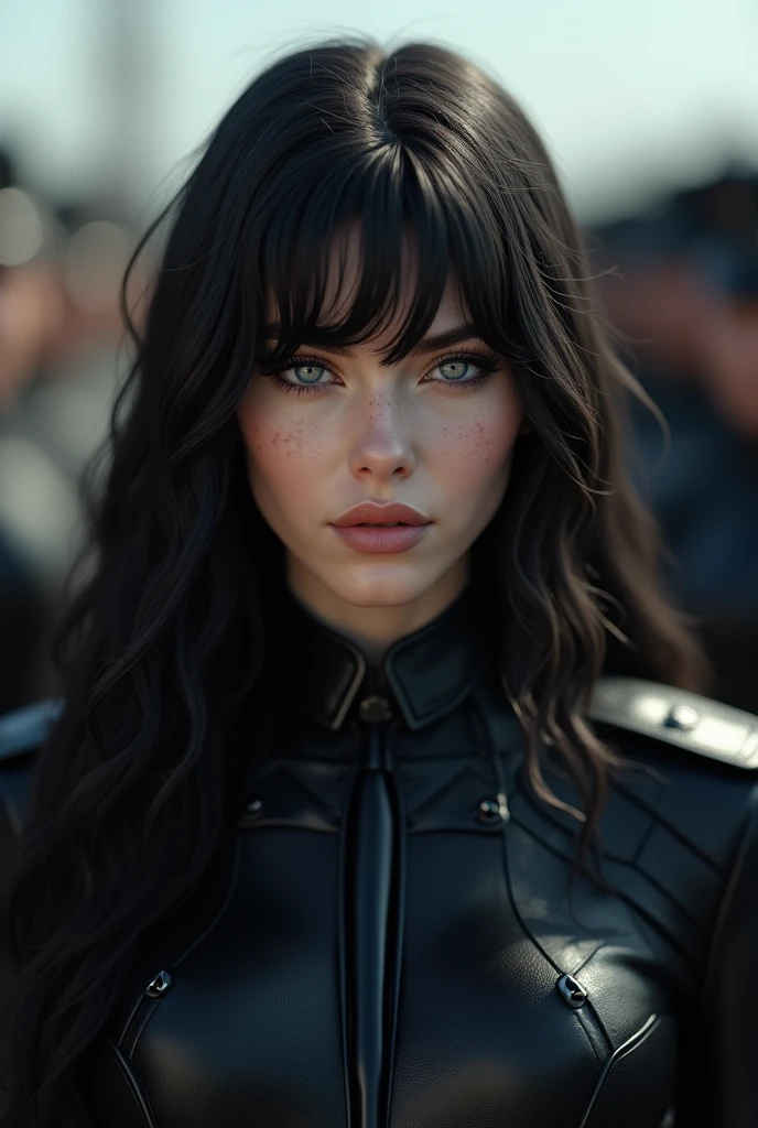 A beautiful woman and , long wavy hair with a fringe covering her forehead, eyes grey like metal, pale white skin, splattered nose. Black military uniform with all his weapons equipment ready in front of an entire army in a military salute.breasts, fringe, black hair, depth of field, bright pupils, serious, pink lips, pale, determined, Plano americano, 3D rendering, Long hair, blush, Chapped lips, Without dark circles, expressions, sparkling eyes,