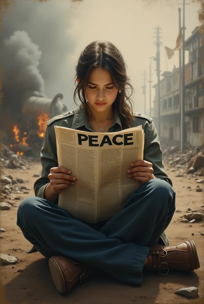 Give me a painting of a person reading a newspaper   with peace information  in war 
