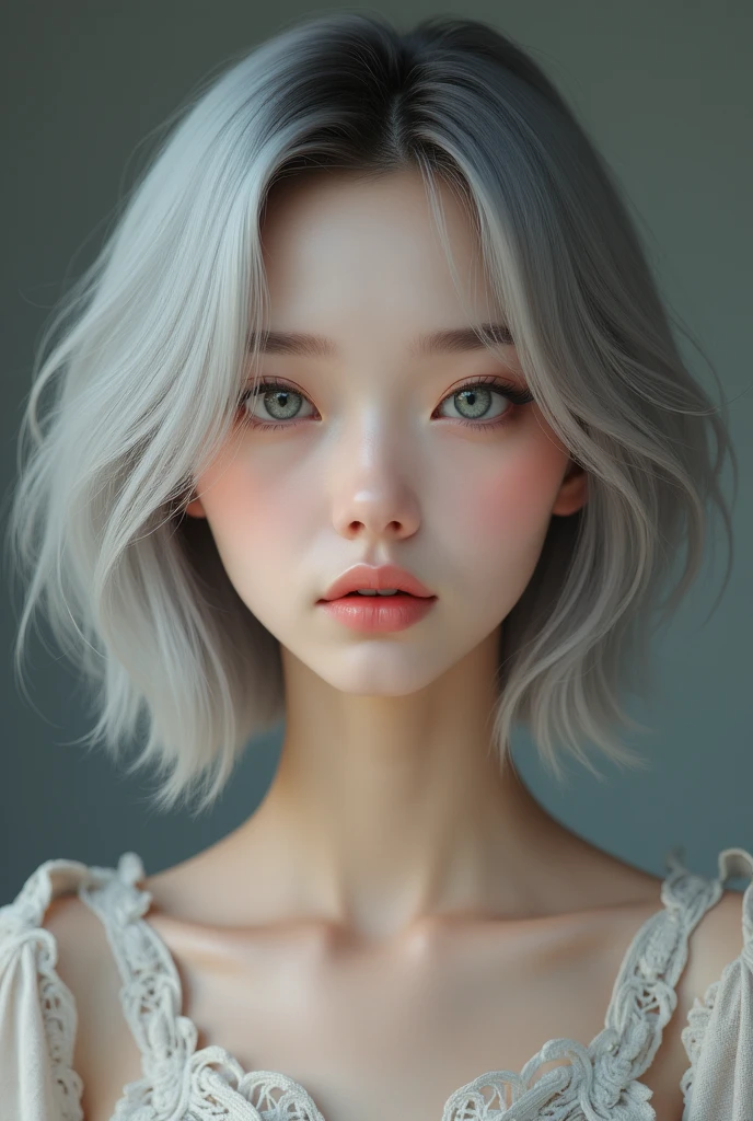 (RAW photo, best quality, masterpiece: 1.2), (photorealistic: 1.4), best lighting, 20 years old, (detail face, detail eyes, light gray eyes, light gray hair, short straight bob cut, Symmetrical eyes, medium breasts :1.3)