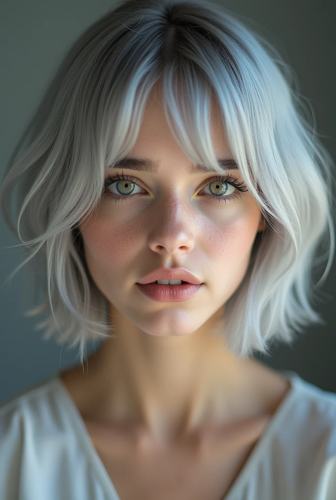 (RAW photo, best quality, masterpiece: 1.2), (photorealistic: 1.4), best lighting, 20 years old, (detail face, detail eyes, light gray eyes, light gray hair, short straight bob cut, Symmetrical eyes, medium breasts :1.3)