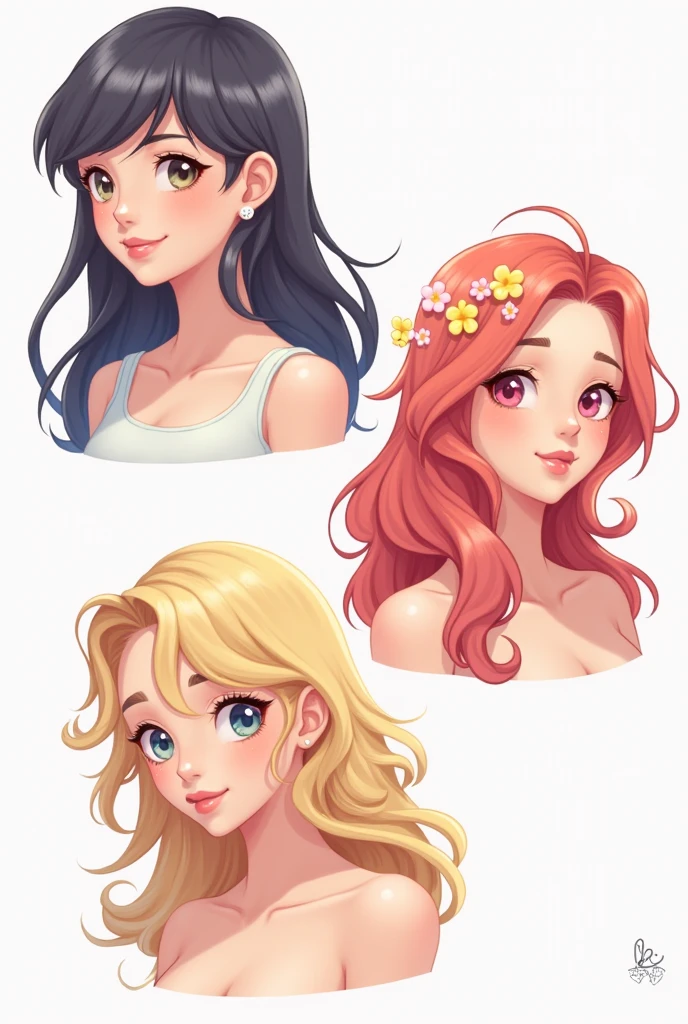 make three jelly art style drawing bases, one with straight hair, another with wavy hair and another with curly hair.
