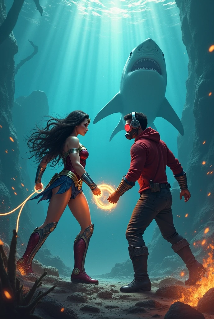Wonder woman, big breasts, perfect body, Busty & kid Star-Lord with red hoodie, Rocket boots, headphones, star-lord helmet, gas helmet, Covered mouth, Round & red eyes, ocean floor, underwater, Fighting with Shark, power, blood, Kick, Attack, magic rings in the hands, Fighting, power, fiction, full body, 2 persons, magic lasso, hight, fall, fire in boots, poweful spells, realistic, helmet, mask, float, war