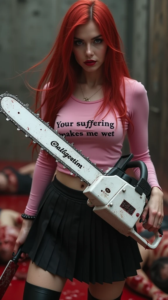 Seductive and Beautiful young woman with a soul of pure evil and hatred chainsaw. Alluring long red haired serial killer wearing a tight “Your suffering makes me wet” long sleeve pink shirt, a black pleated microskirt and black ankle high boots. Surrounded by blood and bodies.  She attacks a man viciously, A bloody knife in her right hand. A sinister smile crosses her glossy red lips.(motosierra:1.4), high quality, (RAW photo, best quality), (realistic, photorealistic: 1.4), (extremely delicate and beautiful: 1.4), amazing, fine details, masterpiece, ultra detailed, high resolution, best illustration, best shadow, intricate, ( extremely intricate: 1.2), (exquisitely detailed skin), cinematic light, perfect anatomy, (cool color: 1.4), sharp focus, 8k UHD, DSLR, (Fujifilm XT3),