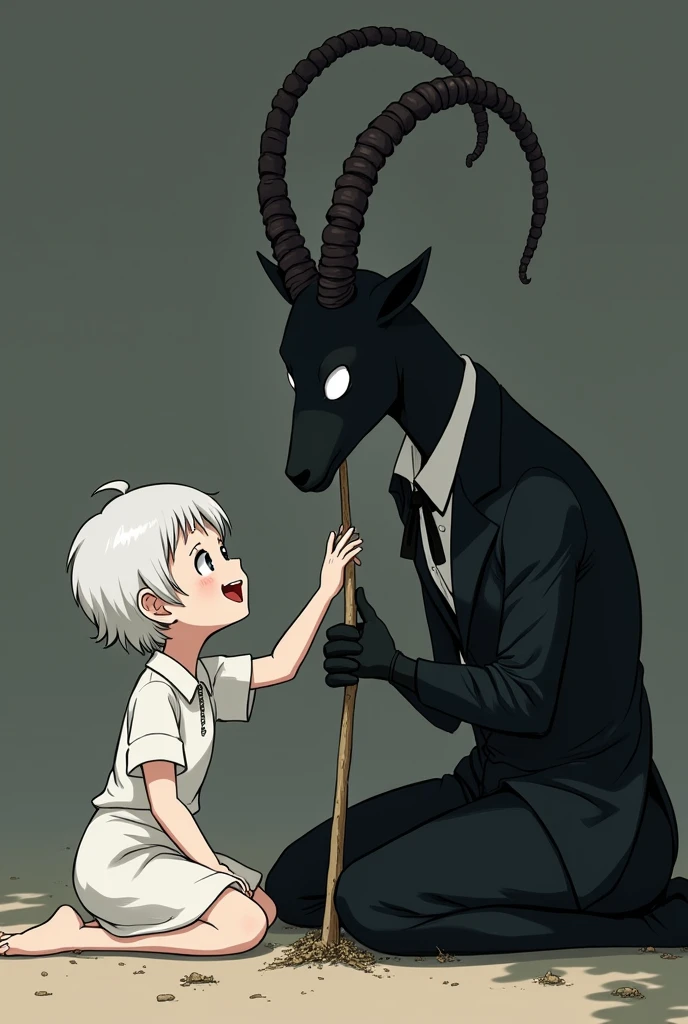 Anime Style Characters:
On the right is a large, dark figure resembling an anthropomorphic goat with demonic features.. It has a completely black body, delgado, and no visible facial details, except for his bright white eyes that stand out on his gloomy face. Its head has two long, twisted horns that give it a disturbing and mysterious appearance.. He is dressed elegantly, as if wearing a dark suit, Although its details blend with its black figure.
at your side, There is a with short white hair. She is dressed in a simple white dress and her expression is cheerful and curious.. She is sitting on the ground and seems to extend her hand towards the dark figure., interacting with him in a friendly and fearless manner, which contrasts sharply with the sinister appearance of the creature.
action:
The dark figure holds in one hand a long, thin stick or branch that is being touched by the girl., as if exploring or playing with it. This interaction suggests a relationship of closeness and trust between the two., Despite the creature's terrifying appearance.