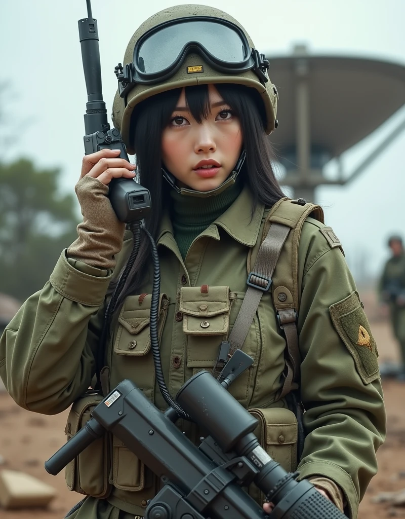 Photo-realistic, ultra-realistic, (very beautiful Japanese, famous Japanese idol:1.3), Fully equipped for battle, (wearing an army soldier's Camouflage outfits with military helmet:1.5), (at a battlefield base), large breasts, (tactical vest, military harness:1.3), dynamic angle, (muddied, damaged wears, damaged body:1.3), (Army Signal Corps), (She is talking on a military satellite communication equipment:1.5), (communicating via a large transceiver), (large parabolic antenna:1.3), (tense expression:1.5)