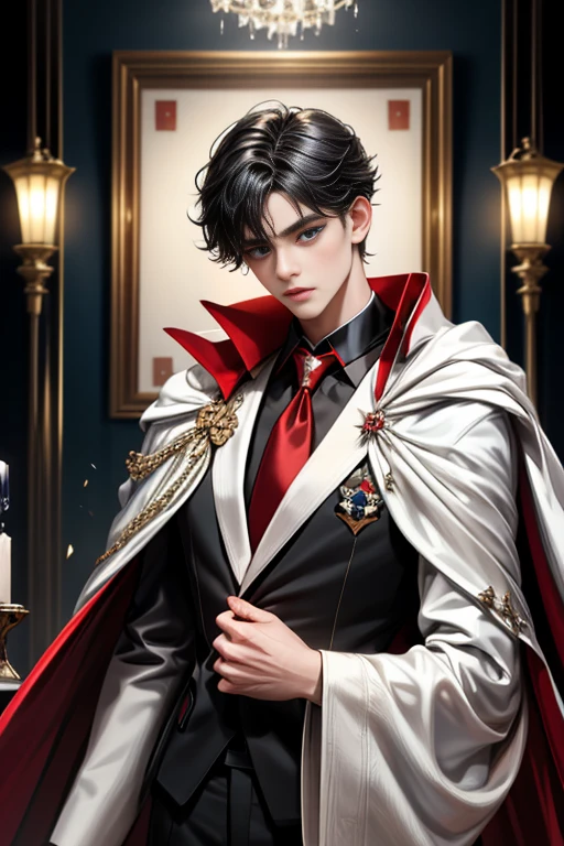 masterpiece, 最high quality, high quality, 1 boy, alone, Male focus, Upper Body,Watching the audience, Messy black hair, Adorable big blue eyes, White, Noble, Noble,A black and red cape that is bursting with sexy volume、Tuxedo、A very voluminous, large, very large, very large, long, long red and black cape with a high stand-up collar, made of a lot of fabric that reaches down to the floor., ,cute beautiful,Cute, cute, kind, handsome guy