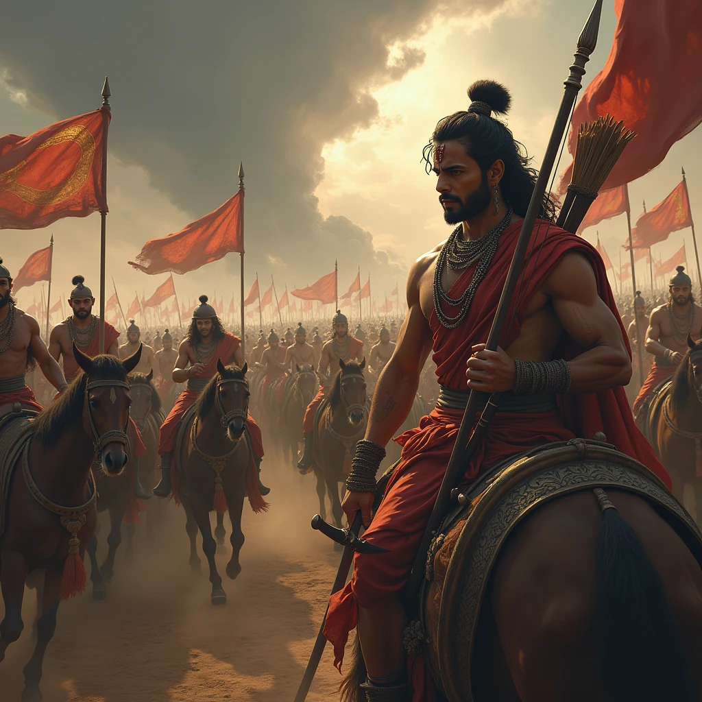Create a powerful scene on a battlefield where Arjuna, with a distressed and conflicted expression, is standing in his chariot, gazing at the vast army of warriors, both friends and family members. Surround the battlefield with flags of different houses fluttering in the wind, symbolizing the clans involved in the war. The environment is filled with dust and tension, with warriors in traditional armor ready for battle. In the background, depict the crumbling remnants of societal structures, fading images of family traditions, and rituals, signifying the destruction of kuladharma (family duties) and jātidharmāḥ (societal duties). Krishna, standing beside Arjuna, exudes a calm yet serious demeanor, emphasizing the gravity of the situation. The overall atmosphere should convey a sense of impending doom, with dark, stormy skies, adding to the intensity of Arjuna’s inner turmoil.