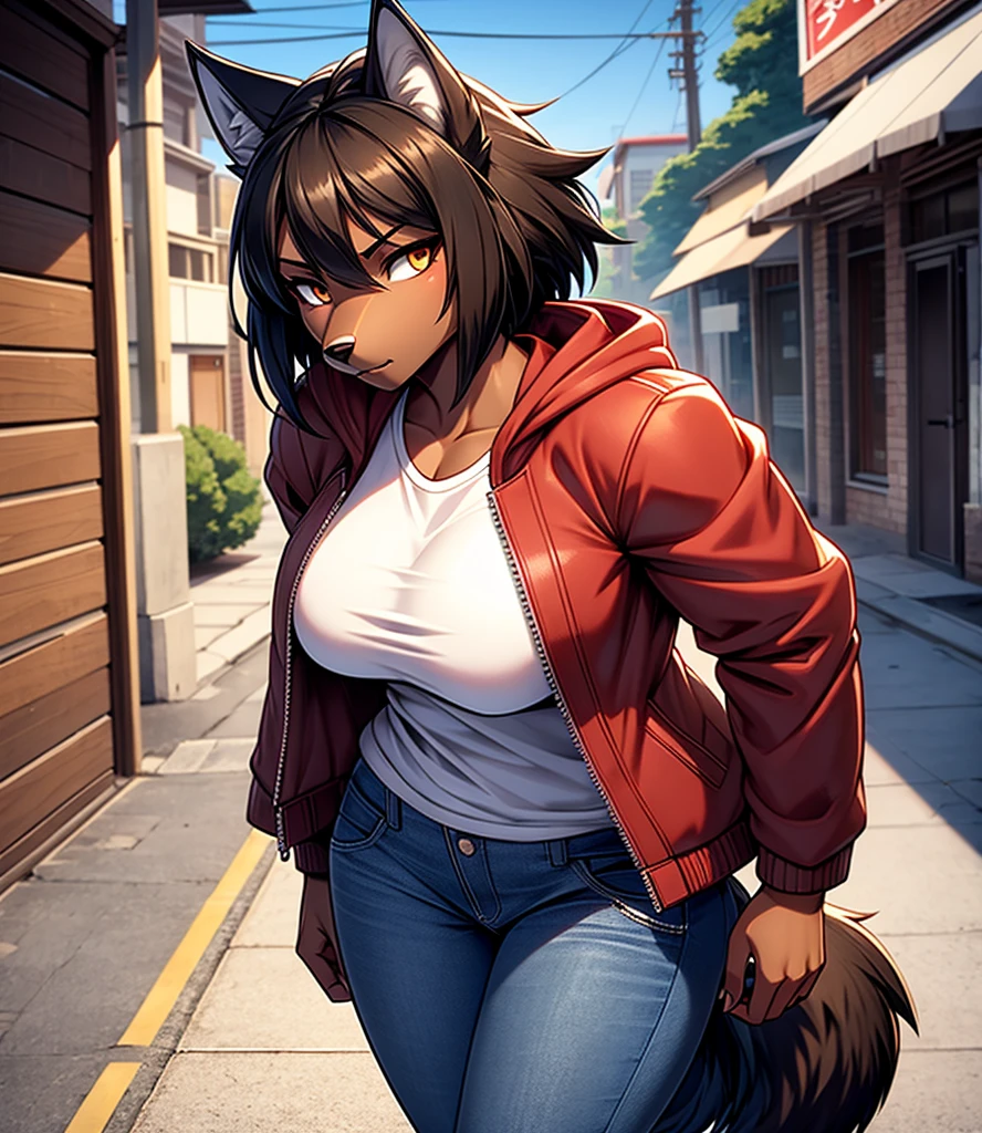 By r-mk, ((Wolf)) (woman) ((brown skin)) standing straight, red cotton jacket, white t-shirt, jeans, black hair, [[serious face]], female eyes, tall woman (furry), ((muscles)), 30 years old, [medium size breast], ((cotton jacket)), [[short hair]], detailed face, good anatomy, well illuminated, sidewalk, ondulated hair, [wolf snout], solo, [face close up], short wolf tail, 2d