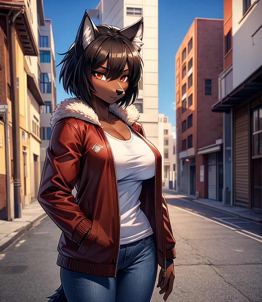 By r-mk, ((Wolf)) (woman) ((brown skin)) standing straight, red cotton jacket, white t-shirt, jeans, black hair, [[serious face]], female eyes, tall woman (furry), ((muscles)), 30 years old, [medium size breast], ((cotton jacket)), [[short hair]], detailed face, good anatomy, well illuminated, sidewalk, ondulated hair, [wolf snout], solo, [face close up], short wolf tail, 2d