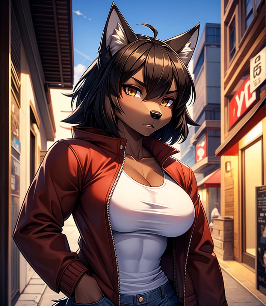 By r-mk, ((Wolf)) (woman) ((brown skin)) standing straight, red cotton jacket, white t-shirt, jeans, black hair, [[serious face]], female eyes, tall woman (furry), ((muscles)), 30 years old, [medium size breast], ((cotton jacket)), [[short hair]], detailed face, good anatomy, well illuminated, sidewalk, ondulated hair, [wolf snout], solo, [face close up], short wolf tail, 2d