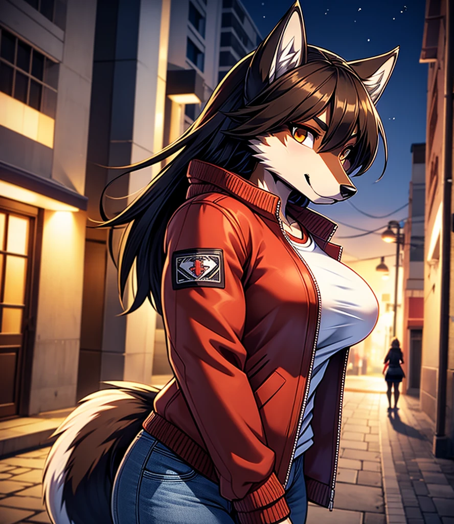 By r-mk, ((Wolf)) (woman) ((brown skin)) standing straight, red cotton jacket, white t-shirt, jeans, black hair, [[serious face]], female eyes, tall woman (furry), ((muscles)), 30 years old, [medium size breast], ((cotton jacket)), [[short hair]], detailed face, good anatomy, well illuminated, sidewalk, ondulated hair, [wolf snout], solo, [face close up], short wolf tail, 2d