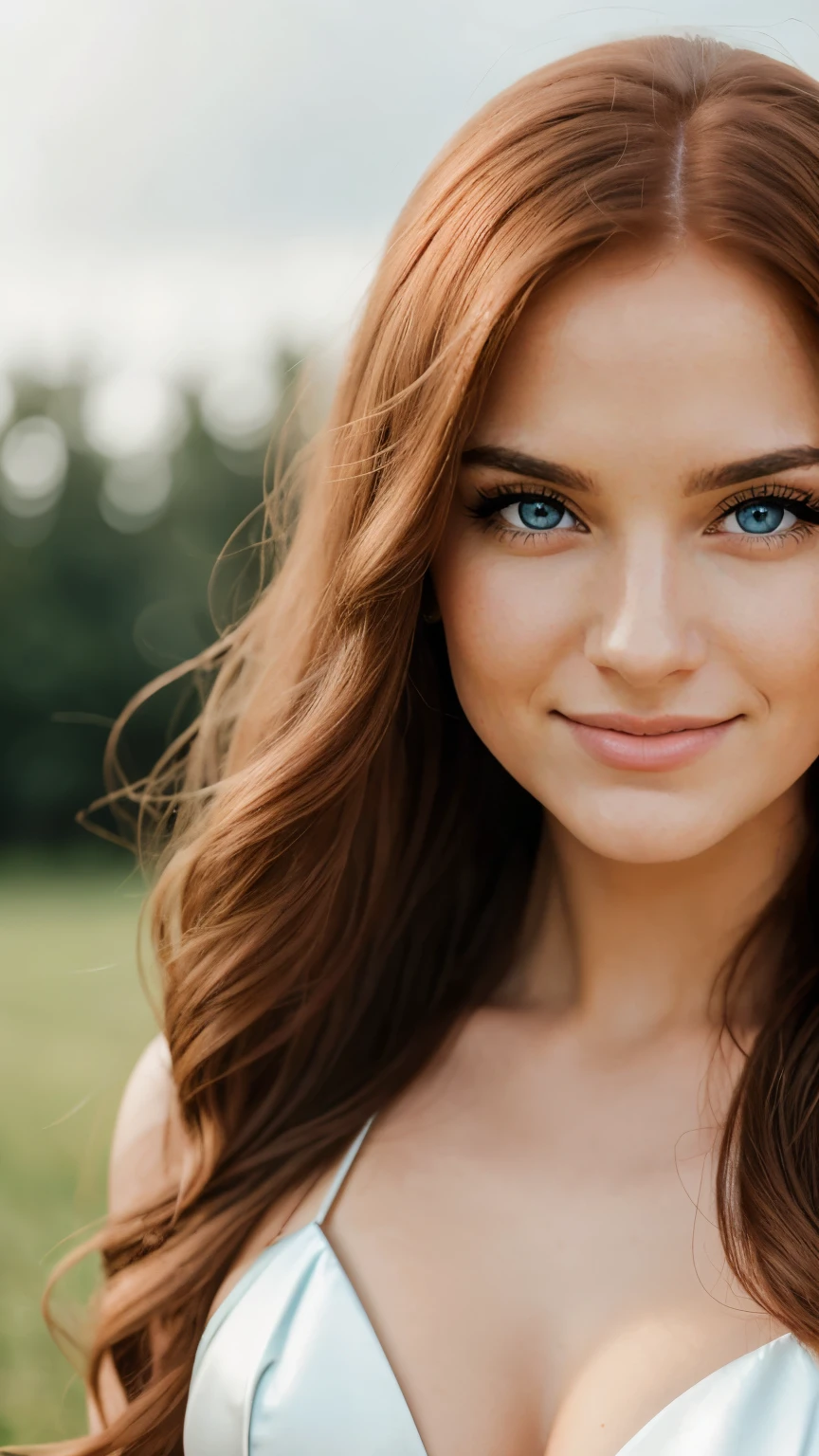 Realistic photo of the upper body of a smiling woman, Beautiful redhead woman with long hair, She dances in front of the camera in a long A-line bridesmaid dress with straps made of shiny purple satin., Park,glamour fotoshooting, Wedding celebration, perfect anatomy, perfect green eyes. Perfect hands with 5 fingers on each hand, Suitable woman , looking at the camera, 1 Frau. (Eye make up:1.1), (highly detailed skin:1.1), spirit, analog style, keen focus, 8K UHD, dslr, good quality, Fujifilm XT3, Grain, Award-winning, masterpiece. Wedding celebration