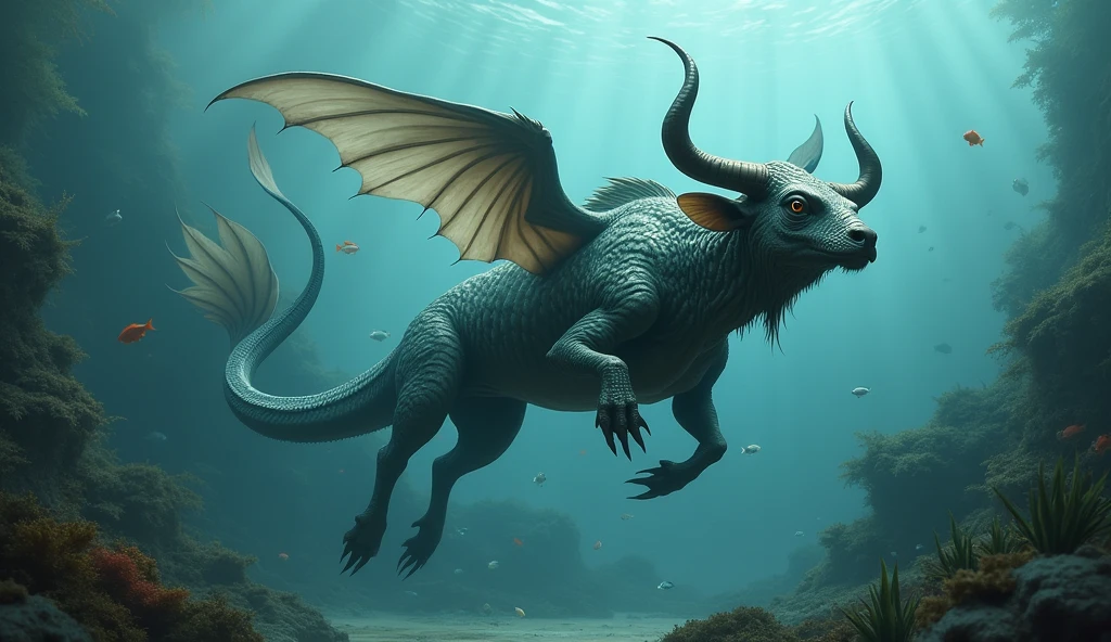 There is a creature growing underwater,It has a fish body, a bull head, and a snake tail,Wings growing from the ribs(best quality,4K,8k,High level,masterpiece:1.2),Ultra Detailed,(lifelike,Photo real,Photo real:1.37)
