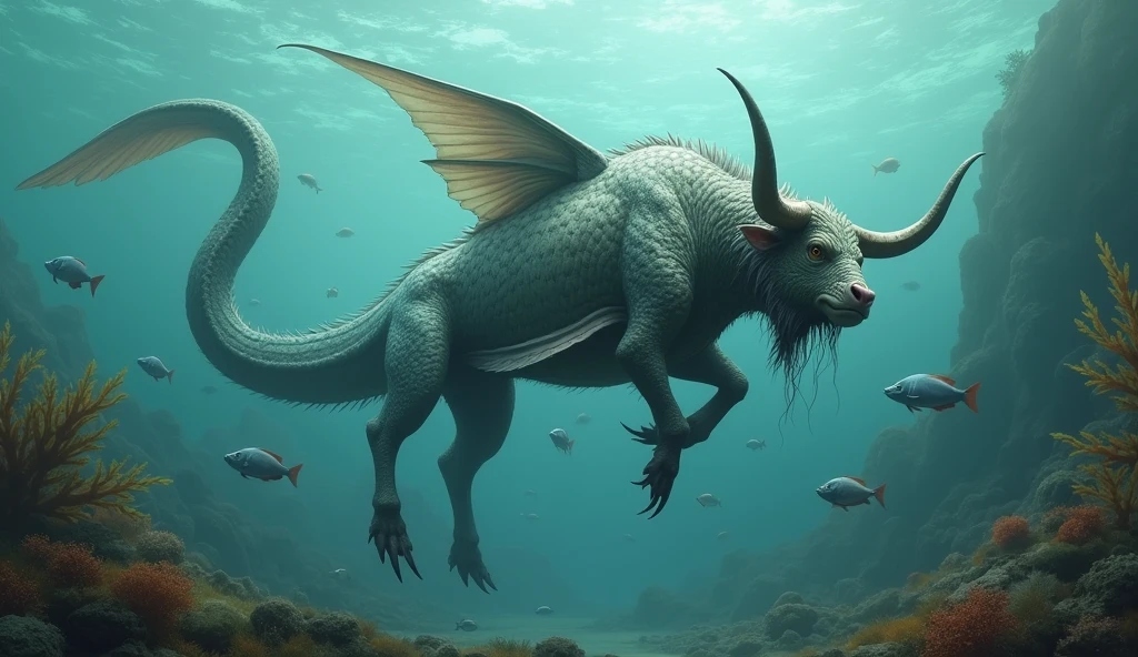 There is a creature growing underwater，It has a fish body, a bull head, and a snake tail，Wings growing from the ribs（best quality，4K，8k，High level，masterpiece：1.2），Ultra Detailed，（lifelike，Photo real，Photo real：1.37）