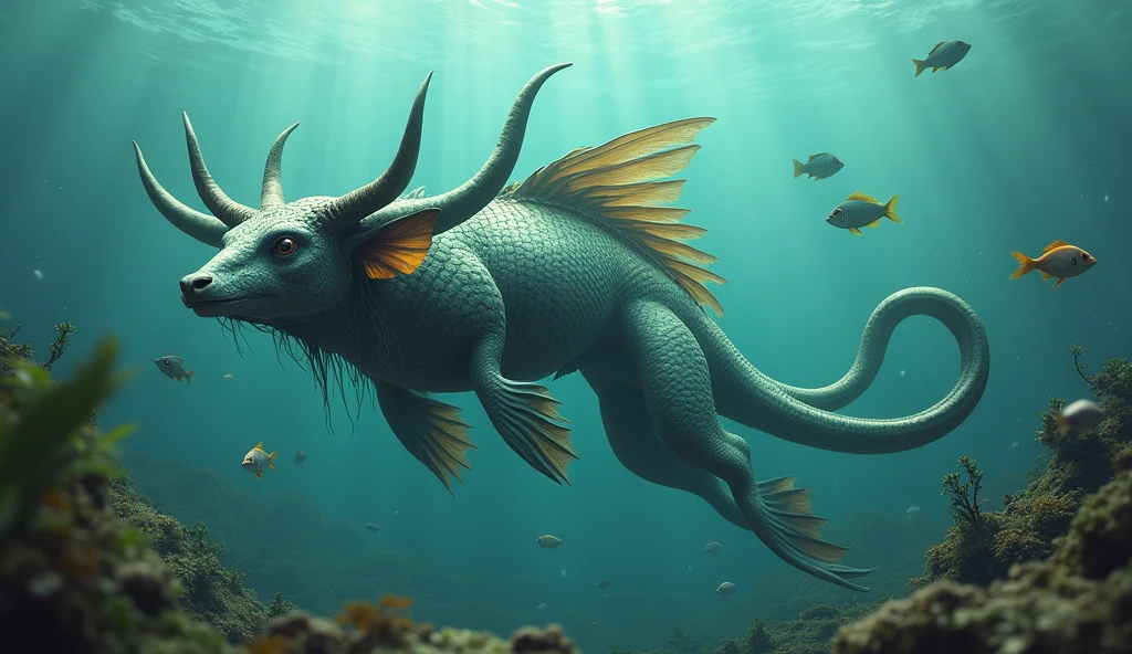 There is a creature growing underwater,It has a fish body, a bull head, and a snake tail,Wings growing from the ribs(best quality,4K,8k,High level,masterpiece:1.2),Ultra Detailed,(lifelike,Photo real,Photo real:1.37)