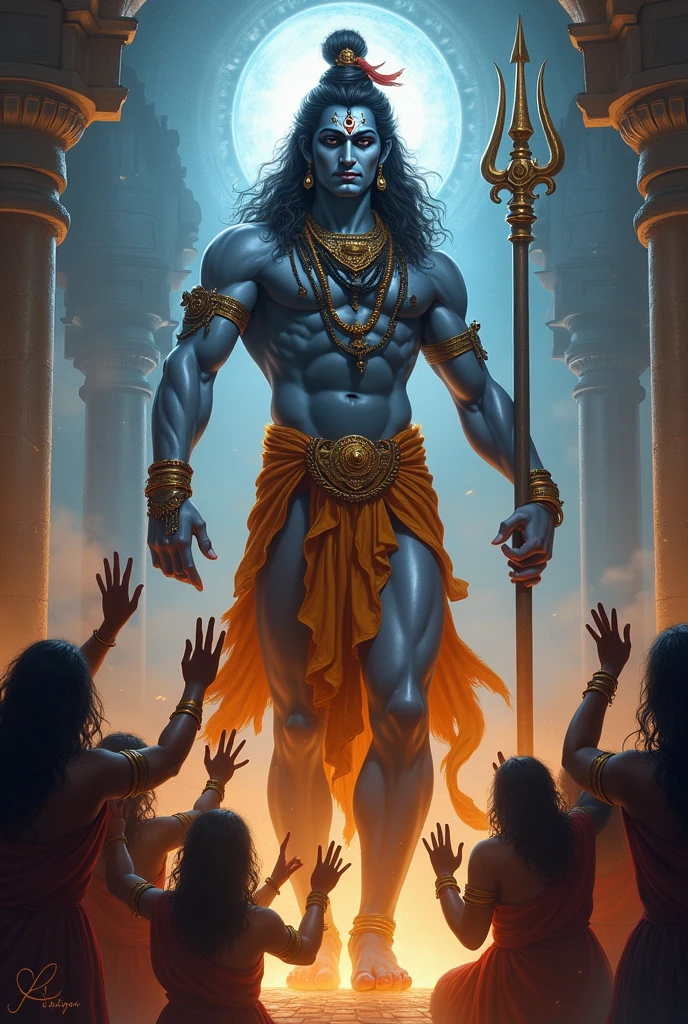 Shiv bhagwan in lion's derm dress only in foot and his three eye, in one hand trishool, in second hand showing hands to humans, and humans is wanting to shiv bhagwan shiv bhagwan on temple