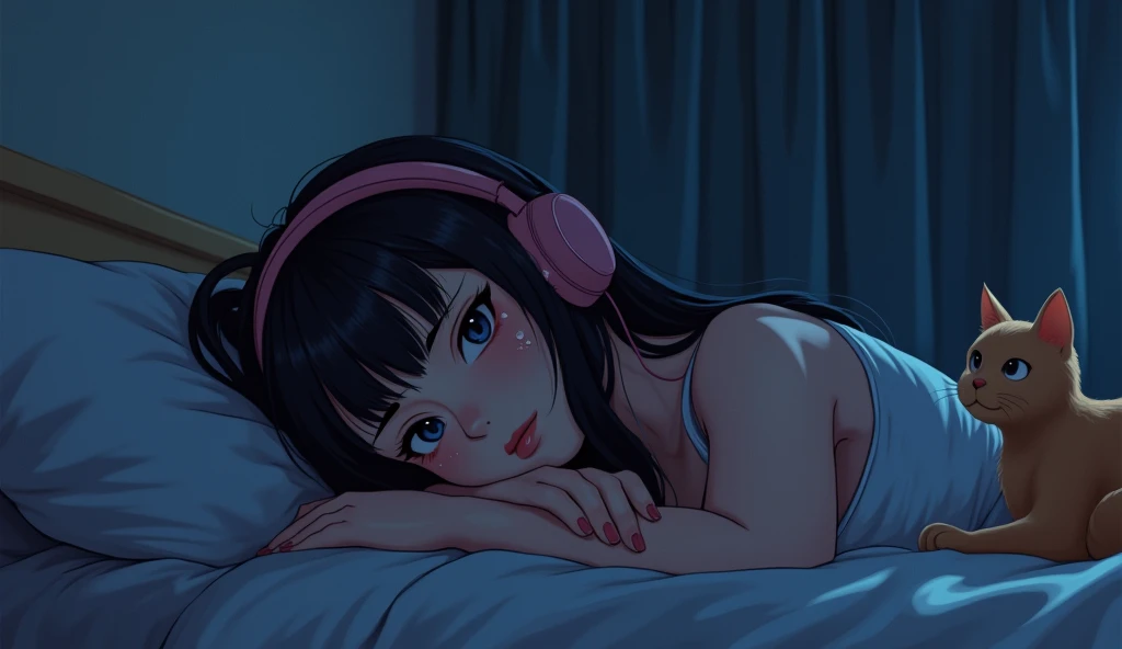 Perfect image, 8k、night、dim、high school girl、long hair、Big Breasts、sweat、Using headphones、bed、Cat、 2D-style animation, Lo-Fi、Retro、Emotional