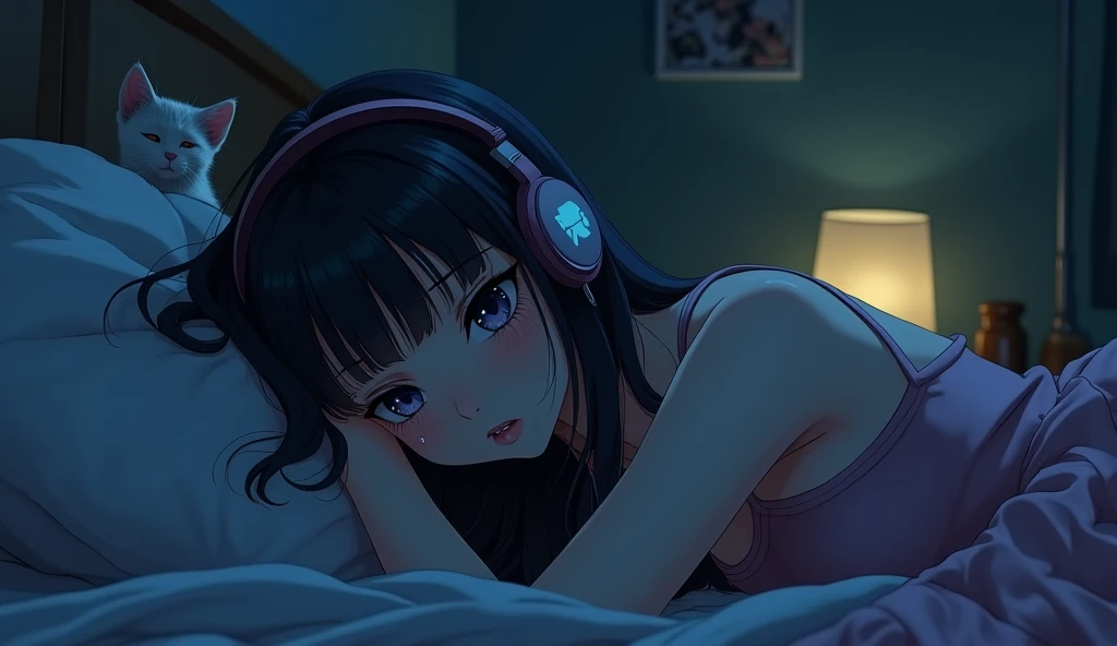 Perfect image, 8k、night、dim、high school girl、long hair、Big Breasts、sweat、Using headphones、bed、Cat、 2D-style animation, Lo-Fi、Retro、Emotional