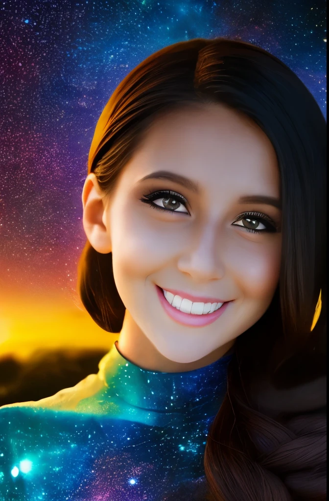 High detail, super detail, super high resolution, girl enjoying her time in the dream galaxy, surrounded by stars, warm light sprinkled on her, background is starry sky with colorful galaxies and galaxy clouds, stars flying around her, delicate face, adding playful atmosphere ,